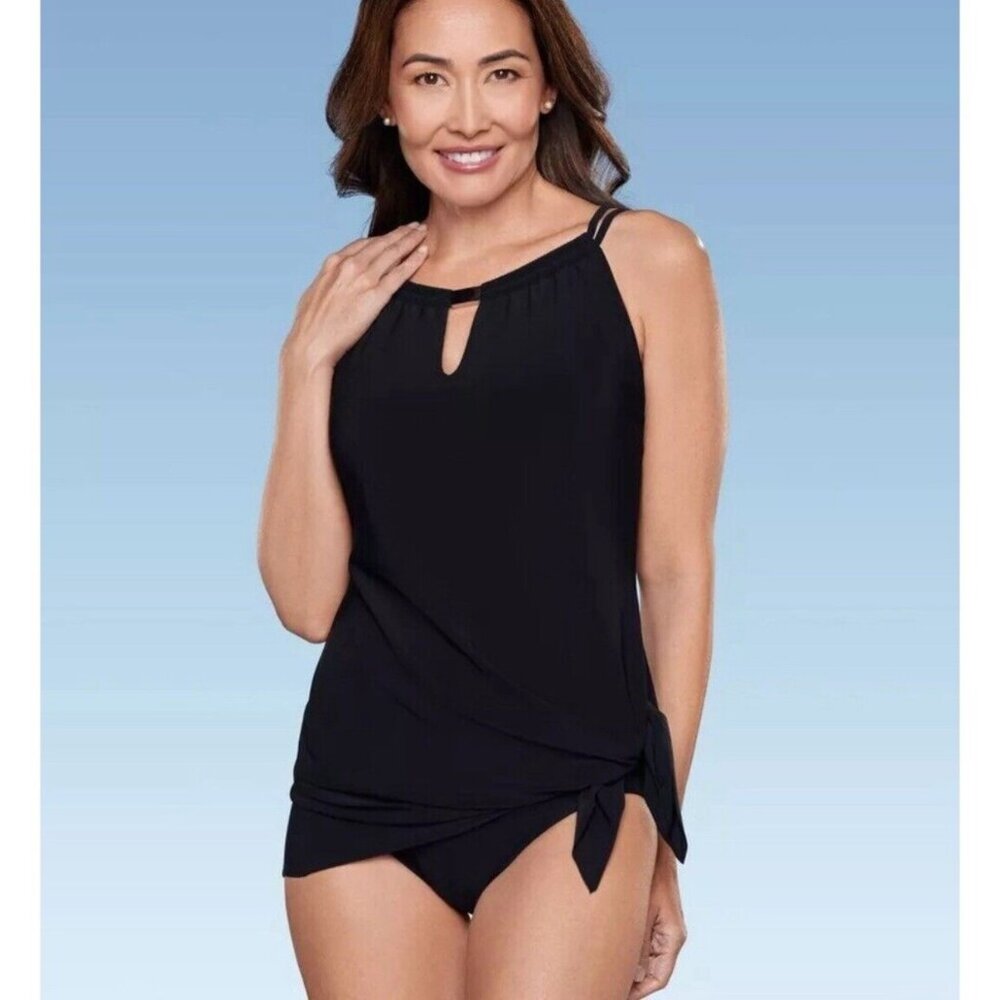 AQUA GREEN Women’s NEW High Neck Keyhole Front Swimsuit‎ Dress Black | Size M
